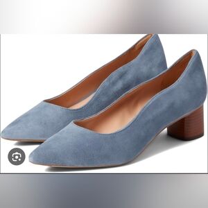 Blue Suede Pointed Toe Block Heel Pumps